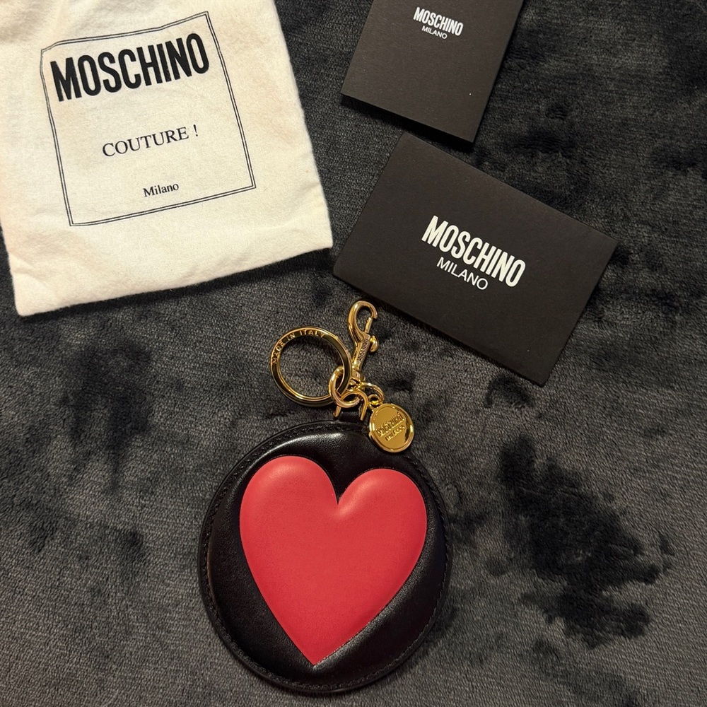 NEW Moschino Black & Red Heart Leather Heart Keychain Keyring